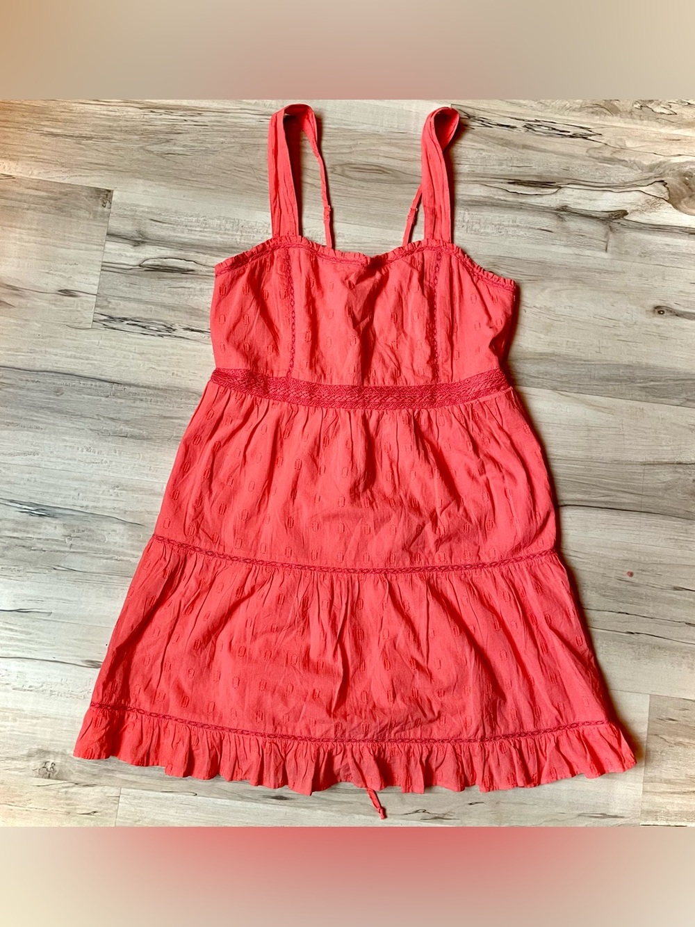 American Eagle Bright Coral Sundress with Ruffle Hem cotton lace up back size LG